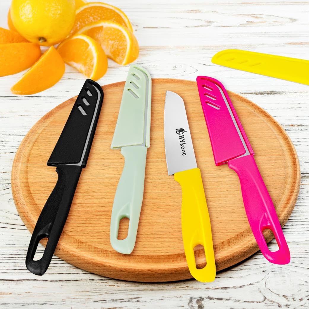 BYkooc - Juego de 8 cuchillos para pelar (4 cuchillos para pelar y 4 fundas para cuchillos), cuchillo ultra afilado para frutas y verduras, cuchillo de cocina pequeño de acero alemán con mango ergonómico de plástico PP