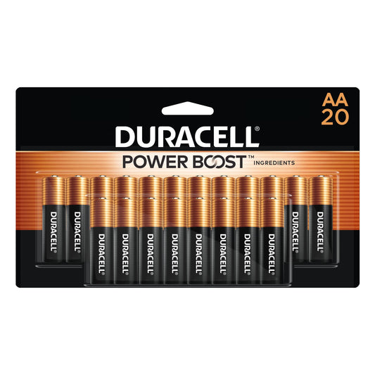 Pilas AA Duracell Coppertop con ingredientes Power Boost, paquete de 20 unidades, pila doble A con energía duradera, pila alcalina AA para dispositivos domésticos y de oficina