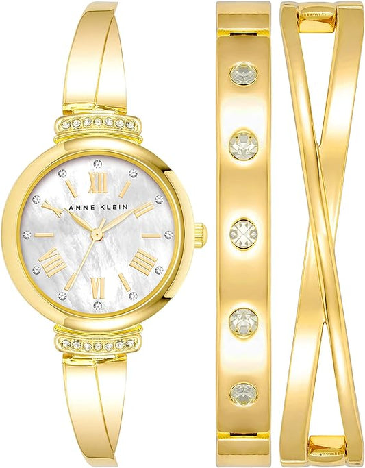 Anne Klein Juego de reloj de pulsera premium con detalles de cristal para mujer