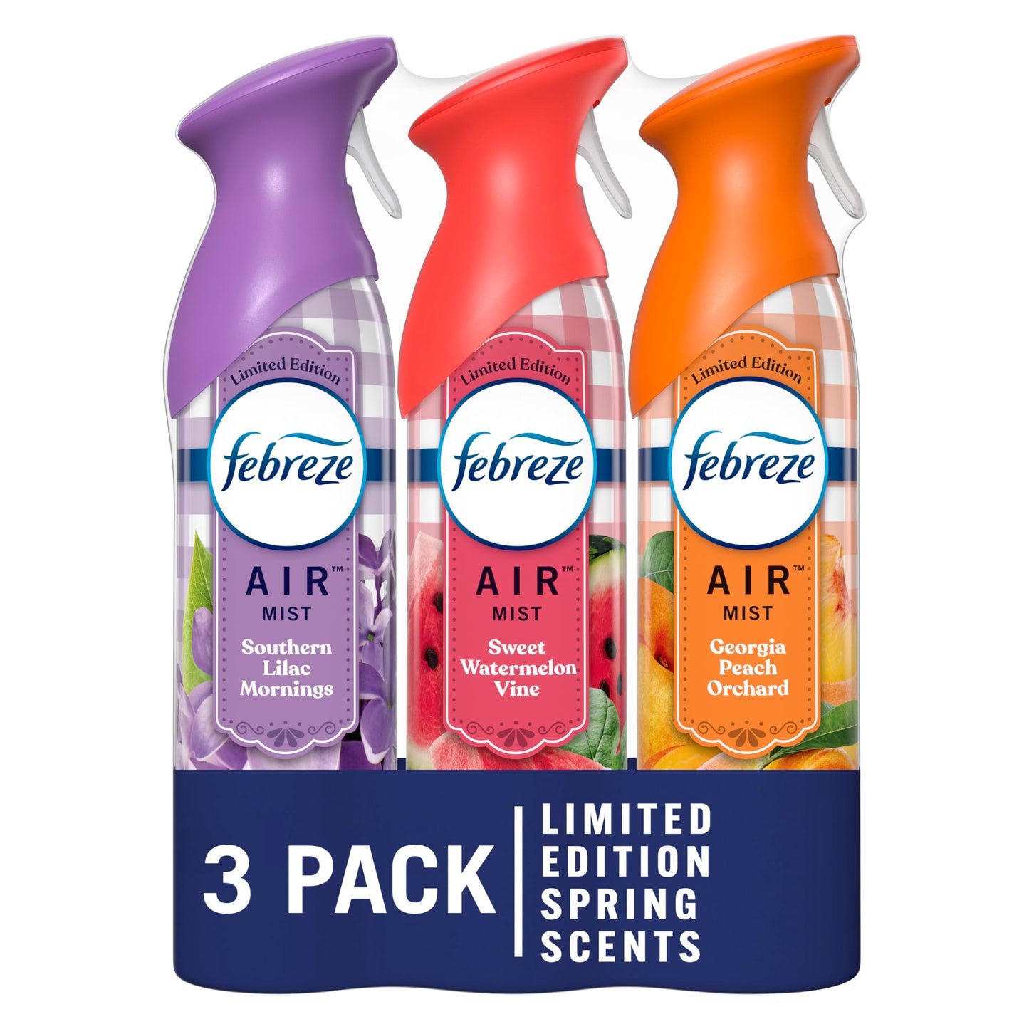 Ambientador en aerosol Febreze Air Mist, aerosol para ambientes que combate los olores en el hogar, el baño y la cocina, lata de aerosol, Southern Lilac Mornings, Georgia Peach Orchard, aroma a sandía dulce, 8.8 oz, 3 unidades