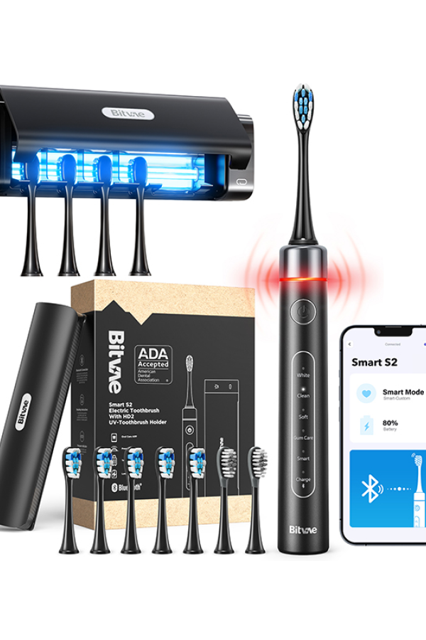 Cepillo de dientes eléctrico inteligente Bitvae S2+HD con estuche de limpieza UV para montaje en pared, aprobado por ADA, 8 cabezales de cepillo